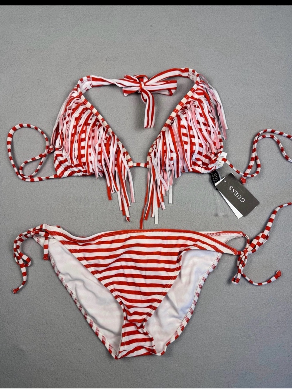 GUESS Red and White Striped Fringe Bikini Set